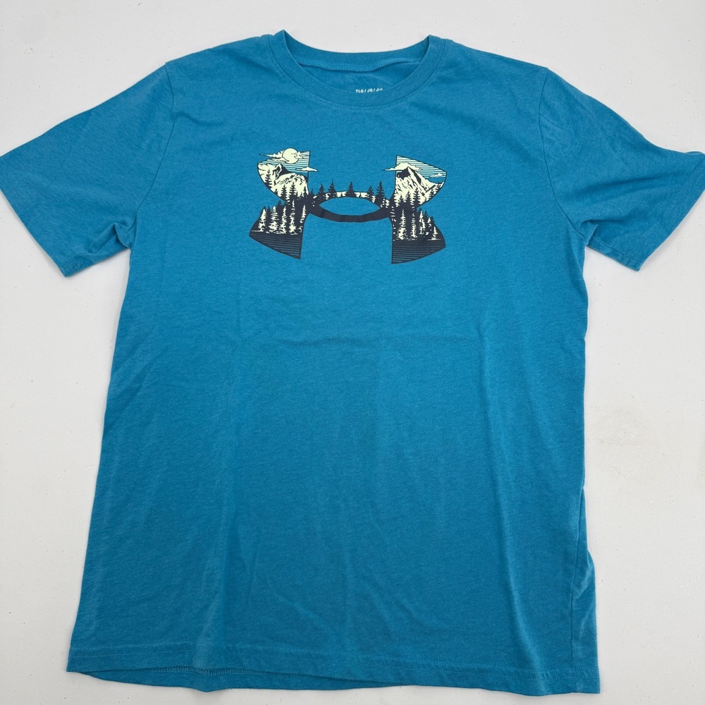 Under Armour Graphic T-Shirt Kids Large Blue Mountain Forest Logo‎ Loose Fit